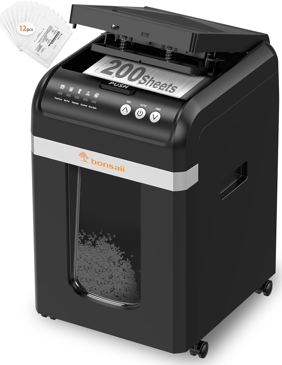 bonsaii Aktenvernichter, 58 dB, 31 L, Schwarz, mit automatischem 200-Blatt-Einzug, 60 Min Dauerbetrieb, DIN P-4 Mikroschnitt