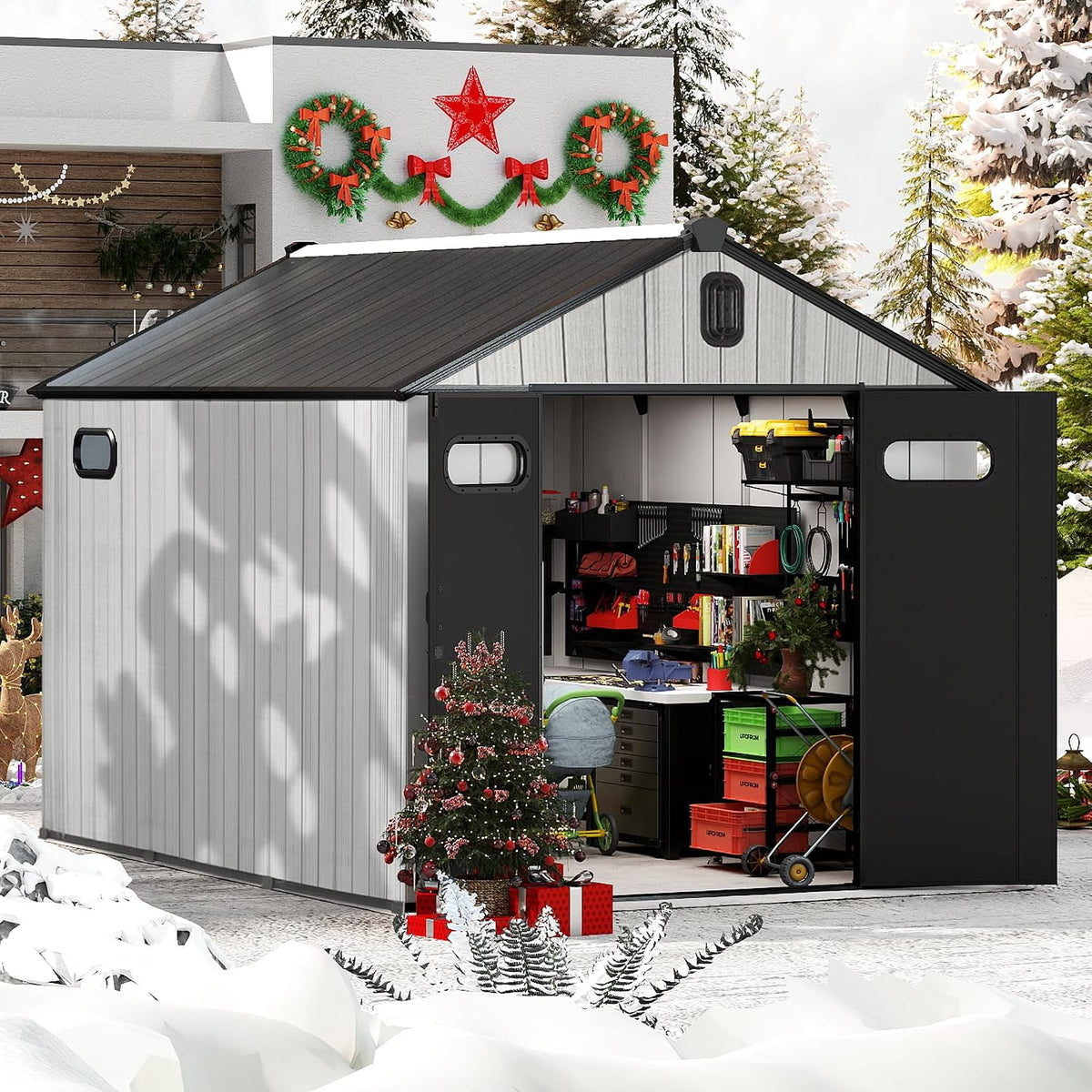 domi outdoor living Gerätehaus, 3,0 m, Grau/Schwarz, ca. 2, 4 x aus Kunststoff, Wetterfestes Gartenhaus mit Doppelwand