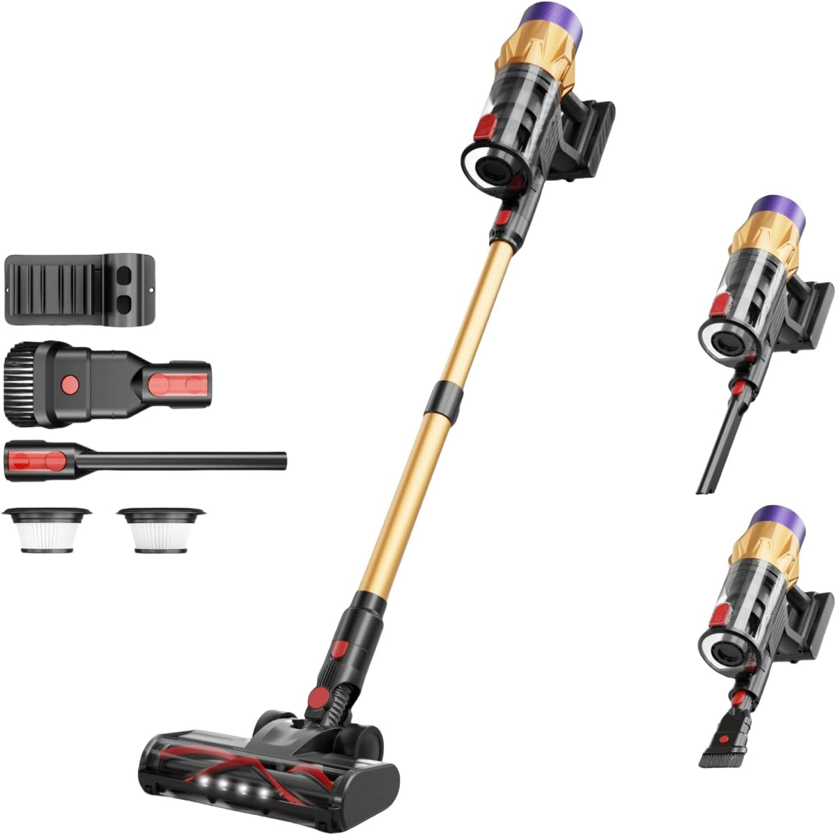 MEIION Staubsauger, 550 W, Schwarz/Gold/Rot, Ultra-starker Akku- mit automatischer Stauberkennung/Bis zu, Hartböden & Tierhaare /