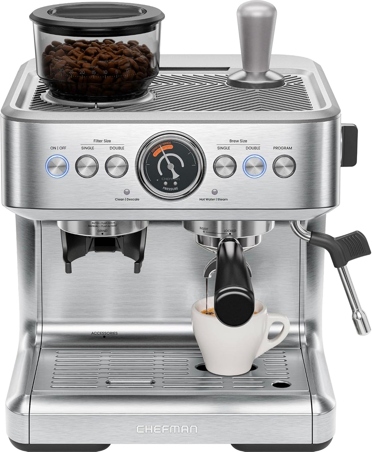 Chefman Milchaufschäumer, 15 Bar, 3 L, Silber, Crema Supreme Espressomaschine mit, Barista Dampfstab, professionelle Kaffeemaschine mit Kaffeemühle