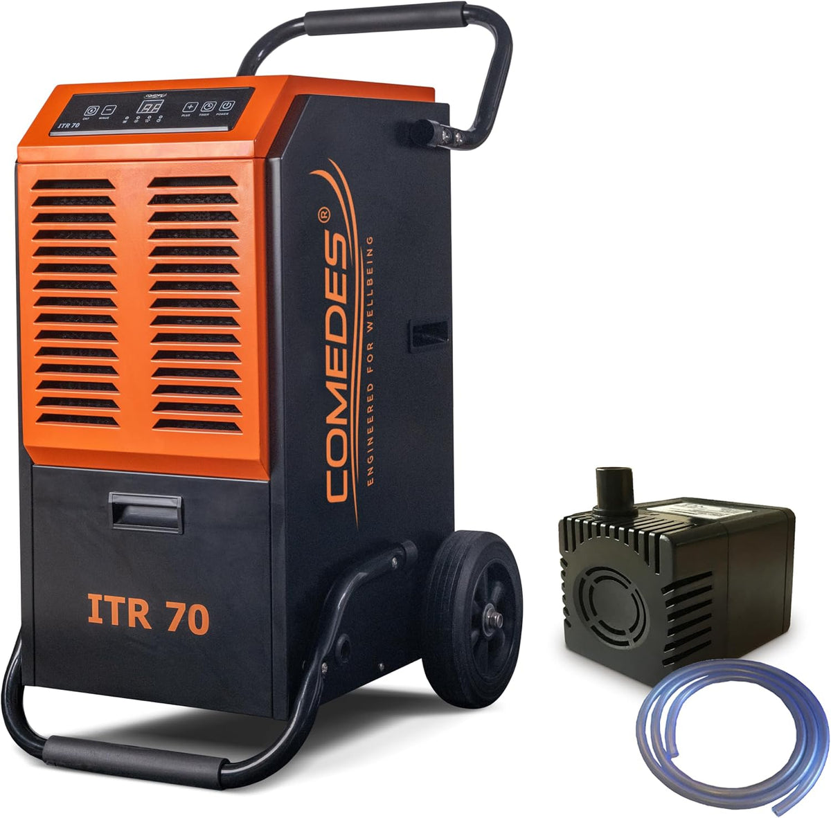 Comedes Luftentfeuchter, 150m, 345m, 70l, 3m, Schwarz/Orange, ITR 70 ( /24h) + PowerDrain Kondensatpumpe, Geeignet für Keller & Baustellen bis ² / ³