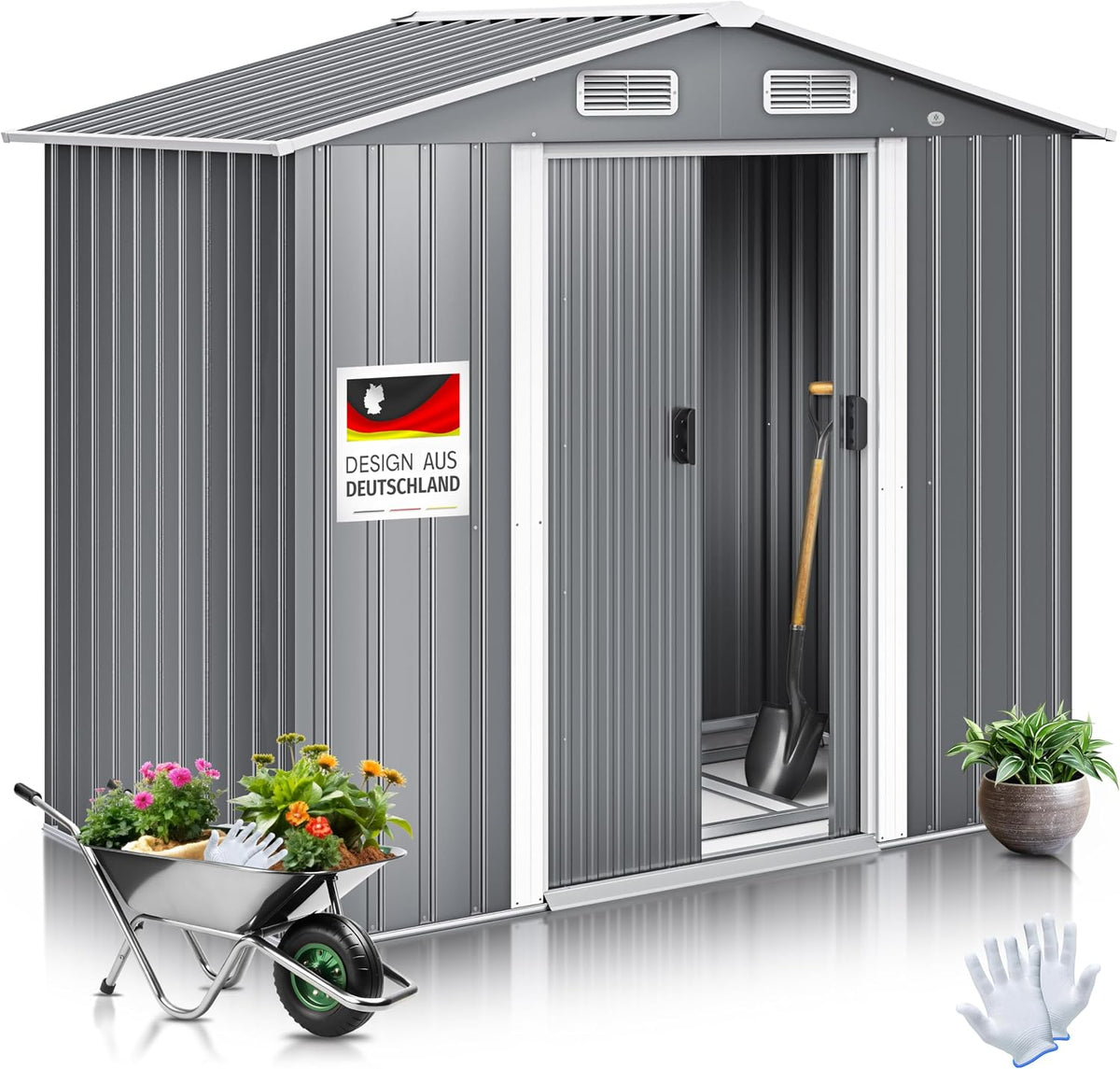 Gerätehaus KESSER, 195x131x186 cm, 4,2m, Grau/Weiß, ® XL Metall ³ mit Fundament, Inkl. Arbeitshandschuhe, 2X Schiebetür & Fundament