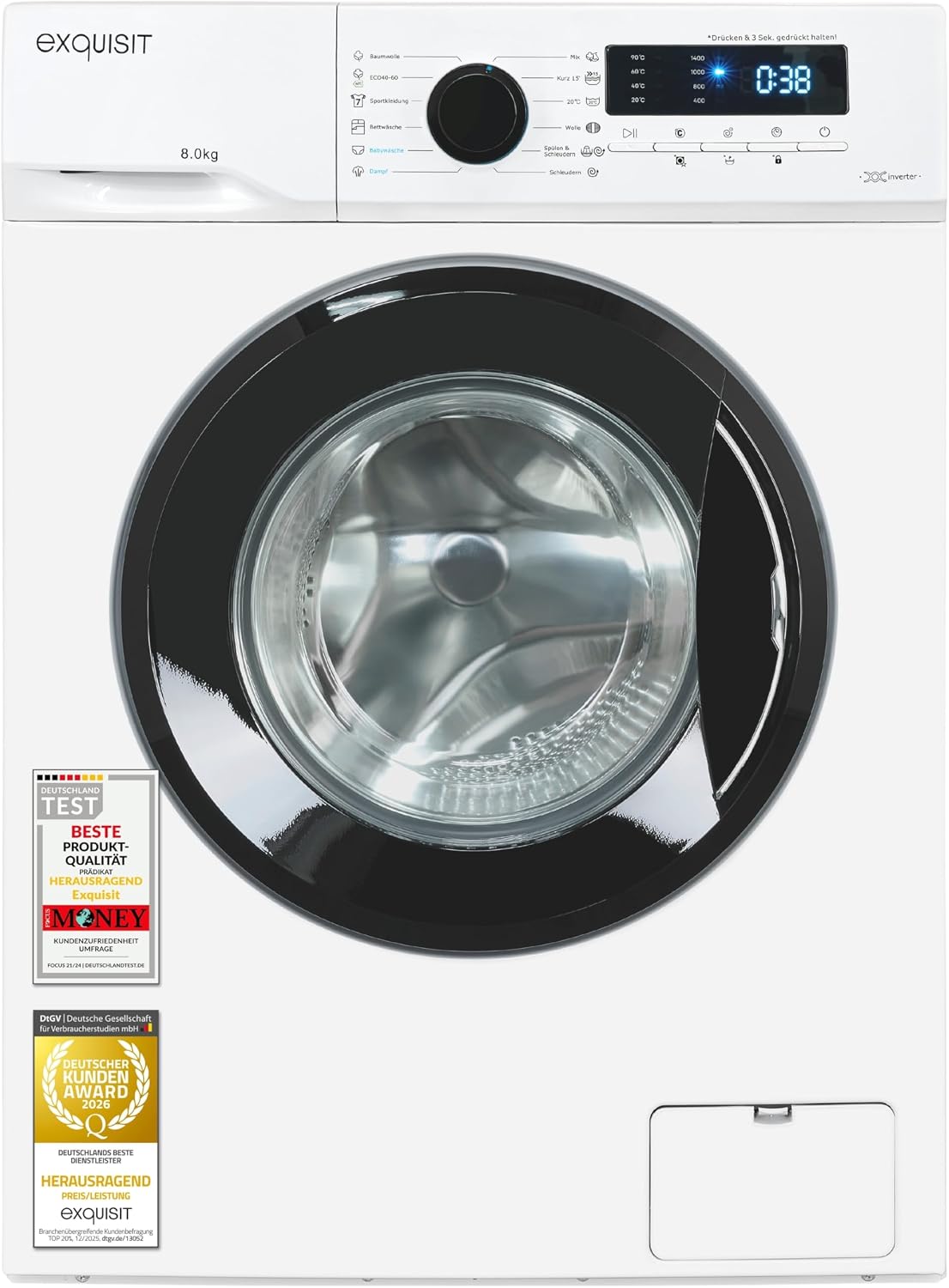 Exquisit Waschmaschine, 8 kg, Weiß/Schwarz, Energieeffizienzklasse A, max. 1400 U/Min, 13 Programme, Startzeitvorwahl