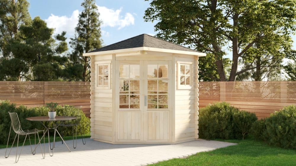Alpholz Gerätehaus, 200 x 200 cm, 28 mm, Beige/Schwarz, 5-Eck Gartenhaus Modell Sunny-A aus Holz in Naturbelassen