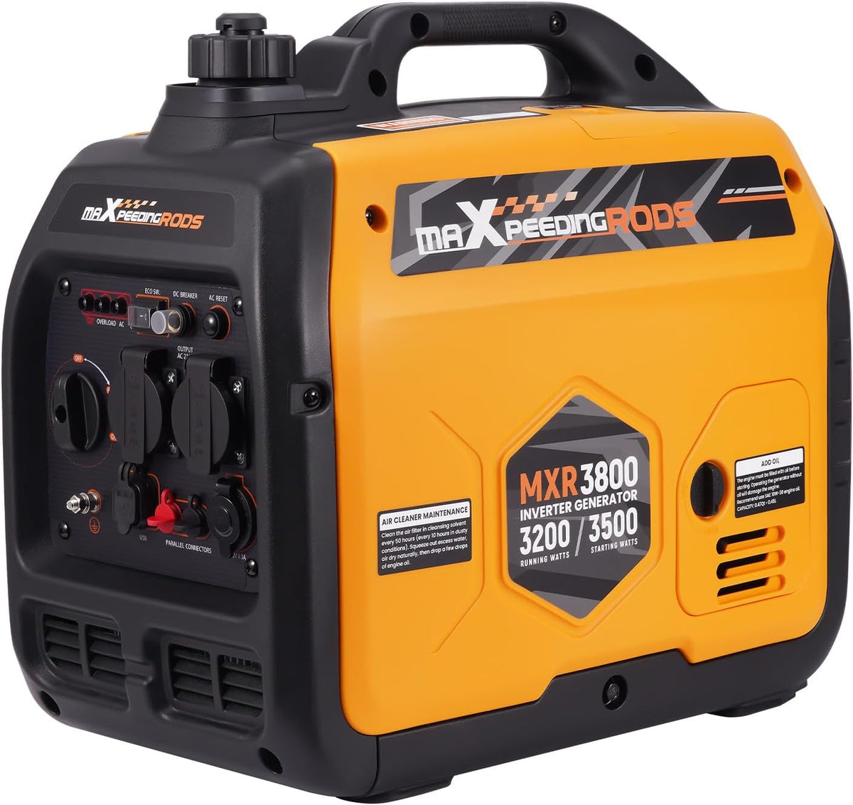 maXpeedingrods Powerstation, 3500 W, 230 V, 12 V, Schwarz/Gelb, Inverter Stromerzeuger, Leicht und Mobil Benzin Notstromaggregat Stromgenerator