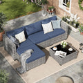 Amopatio Sofa, Grau-Meliert/Marineblau, Rattan Gartenmöbel-Set, Poly Rattan Sitzgruppe Couch 5 Teilig mit 3er, Sessel