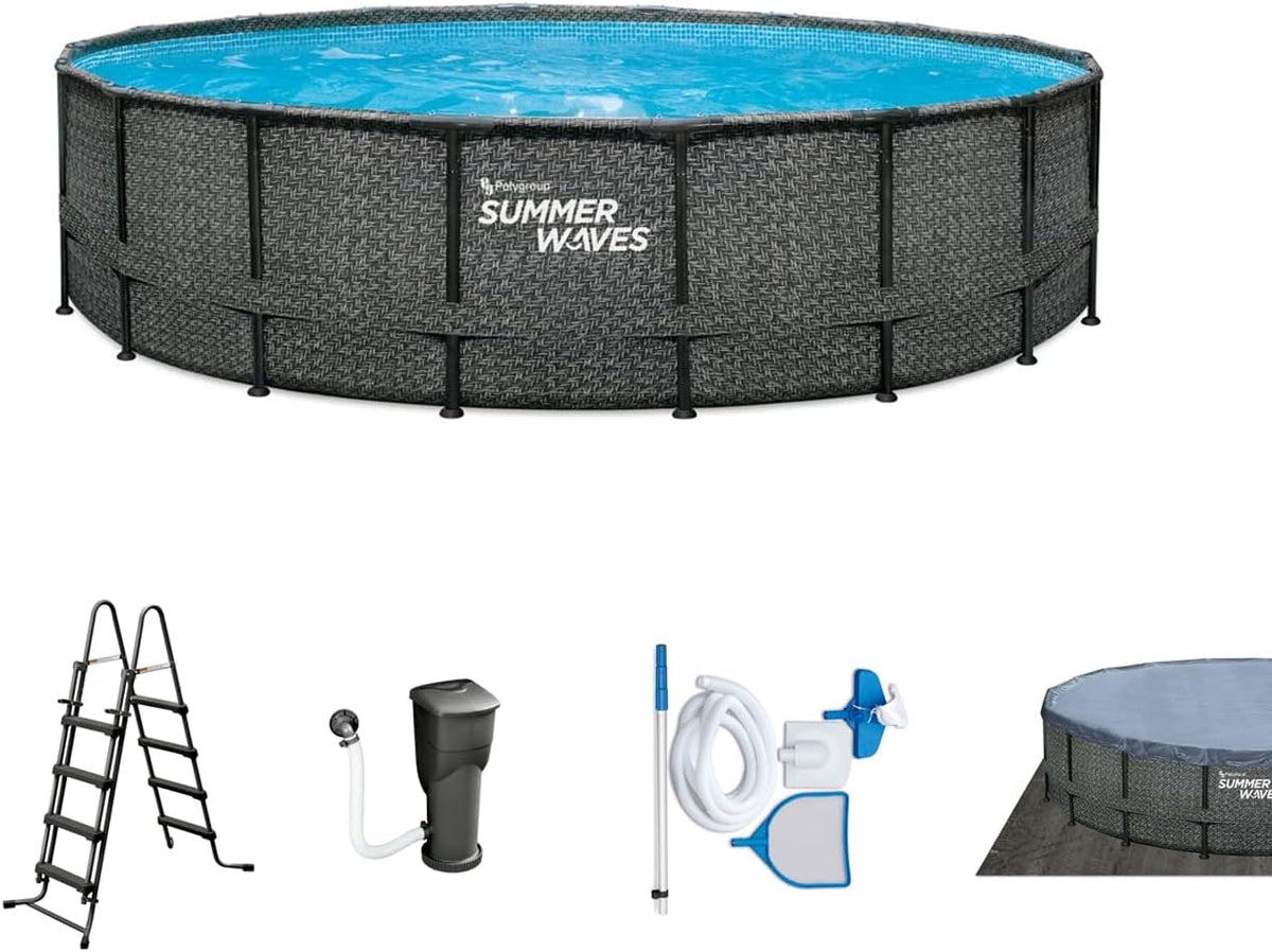 Summer Waves Stahlrahmenpool, 488x122 cm, Grau/Blau, Frame Pool Komplettset, Rund Rattanoptik Grau, Aufstellpool Set