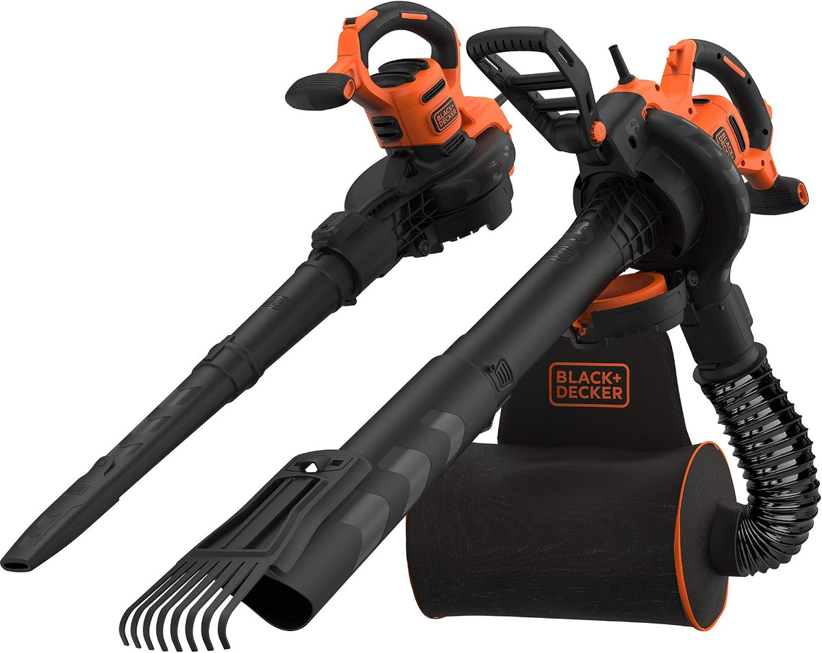 BLACK+DECKER Laubbläser, 72l, Schwarz/Orange, 3-in-1 Elektro-Laubsauger/ BEBLV301 (3.000 Watt, mit Häcksler + aufsteckbarem Laubrechen