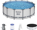 Bestway Stahlrahmenpool, Ø 427 x 122 cm, Lichtgrau, Steel Pro MAX Frame Pool Komplett-Set mit Filterpumpe, r