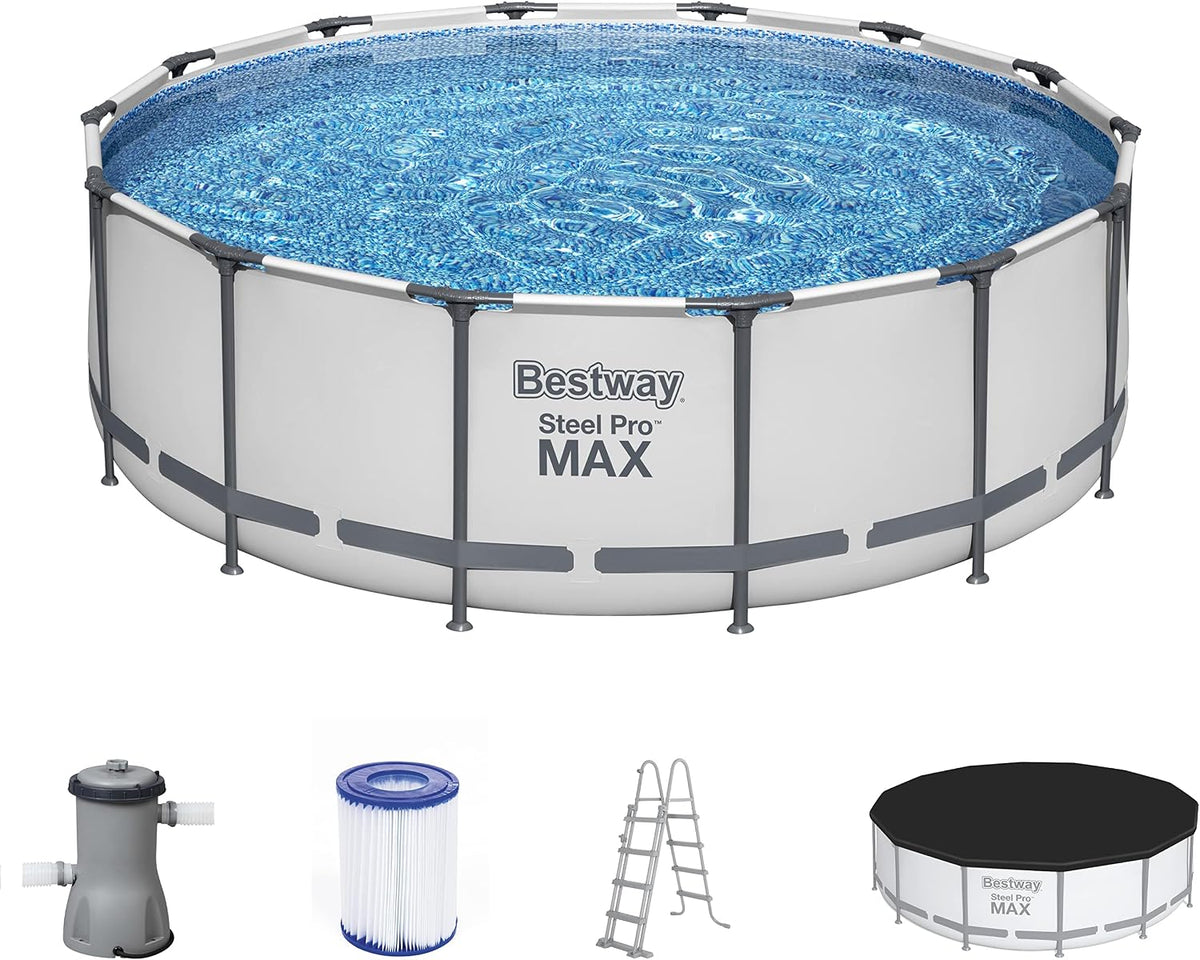 Bestway Stahlrahmenpool, Ø 427 x 122 cm, Lichtgrau, Steel Pro MAX Frame Pool Komplett-Set mit Filterpumpe, r