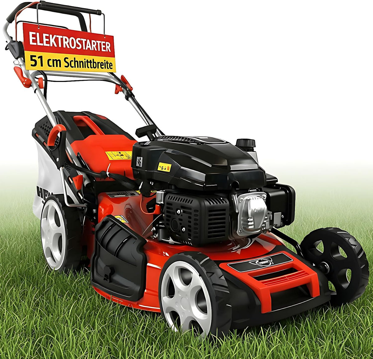 Hecht Rasenmäher, 4,0 kW, 51 cm, 65 l, Schwarz/Rot/Silber, 5-IN-1 Benzin, leistungsstarker 4 Takt Motor (5, 5 PS)