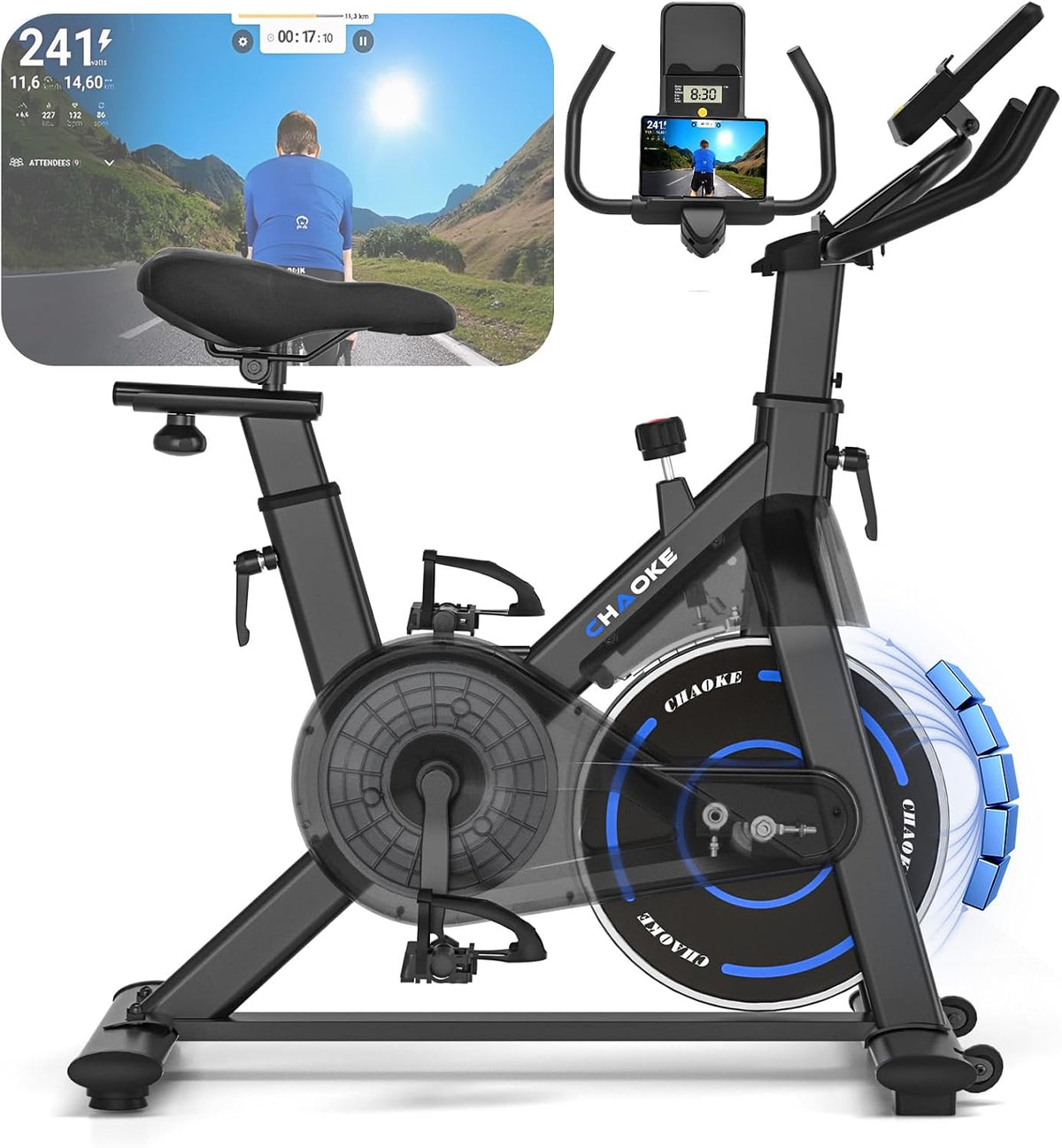 CHAOKE Fahrrad, 150KG, Schwarz/Blau, Bike, [Upgrade] Heimtrainer mit APP, Hometrainer, Leises, Stufenlos Einstellbares Magnetsystem