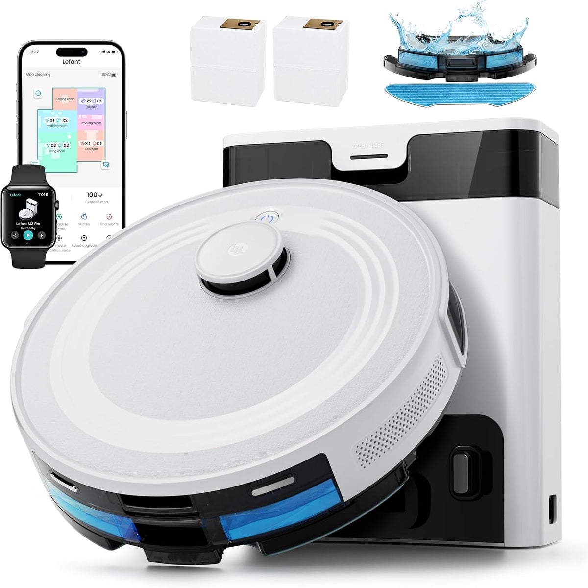 LEFANT Saugroboter, Weiß/Schwarz, M2 Pro mit Wischfunktion, Staubsauger Roboter mit Automatischer Staubentleerung