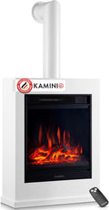 KAMINIO Elektrokamin, Weiß/Schwarz, Kalle - Elektrischer Standkamin mit Heizung, 3D-Flammeneffekt, Fernbedienung (Weiß mit Rohr)