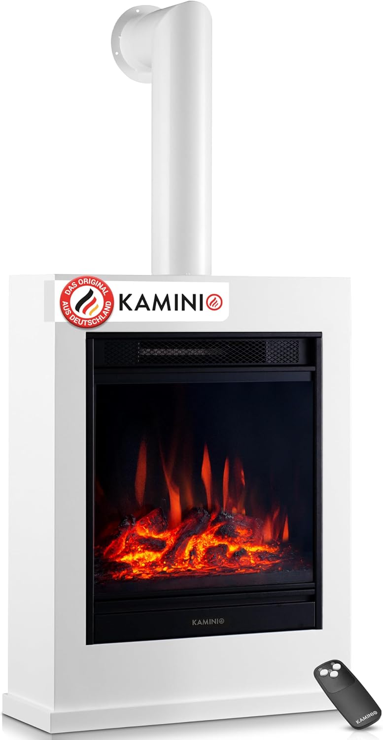 KAMINIO Elektrokamin, Weiß/Schwarz, Kalle - Elektrischer Standkamin mit Heizung, 3D-Flammeneffekt, Fernbedienung (Weiß mit Rohr)