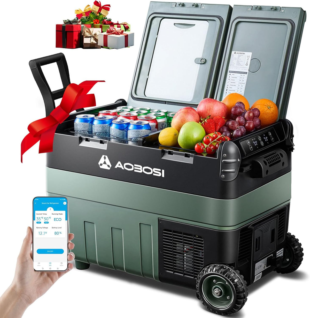 AAOBOSI Kühlschrank, 240 V, 40 L, 24 V, Schwarz/Grün, Kompressor Kühlbox, Dual Zone, Camping mit APP, LED-Beleuchtung