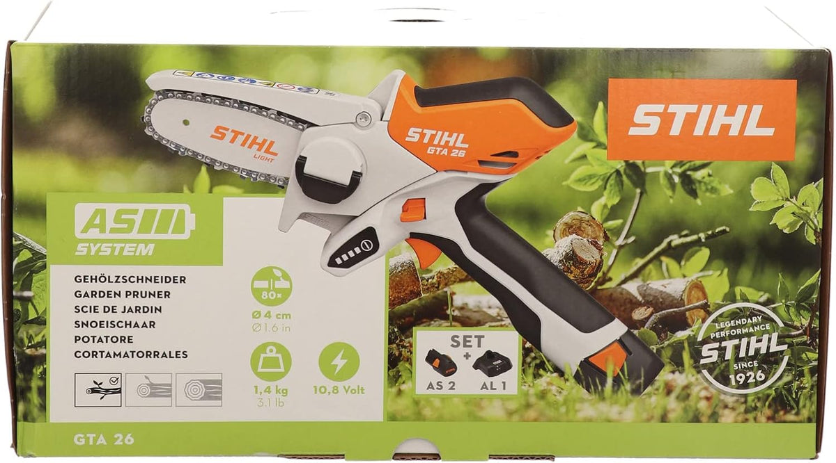 Stihl Rasentrimmer, Orange/Schwarz/Weiß, Akku-Gehölzschneider GTA 26 Set mit Akku AS 2 und Ladegerät, Batteriebetrieben