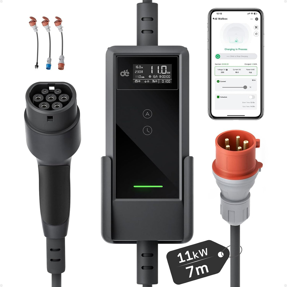dé Ladestationen, 11 kW, 400 V, 7 m, Schwarz/Grau, Mobile Wallbox mit APP [, 3-phasig, 16 A], mit Traveller Set, EV-Charger für ID.3/4/5/7