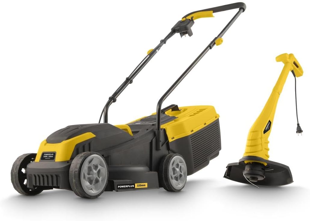 POWERPLUS Rasentrimmer, 1300 W, 320 mm, 220 mm, 250 W, Gelb/Schwarz, Elektrischer Rasenmäher und POWXG62205T - Rasenmäher