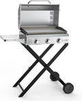 onlyfire Gasgrill, 57x36 cm, 7Kw, Silber/Schwarz, BBQ Grillwagen, Plancha 3 Brenner aus Edelstahl, mit Faltbarem Rollwagen