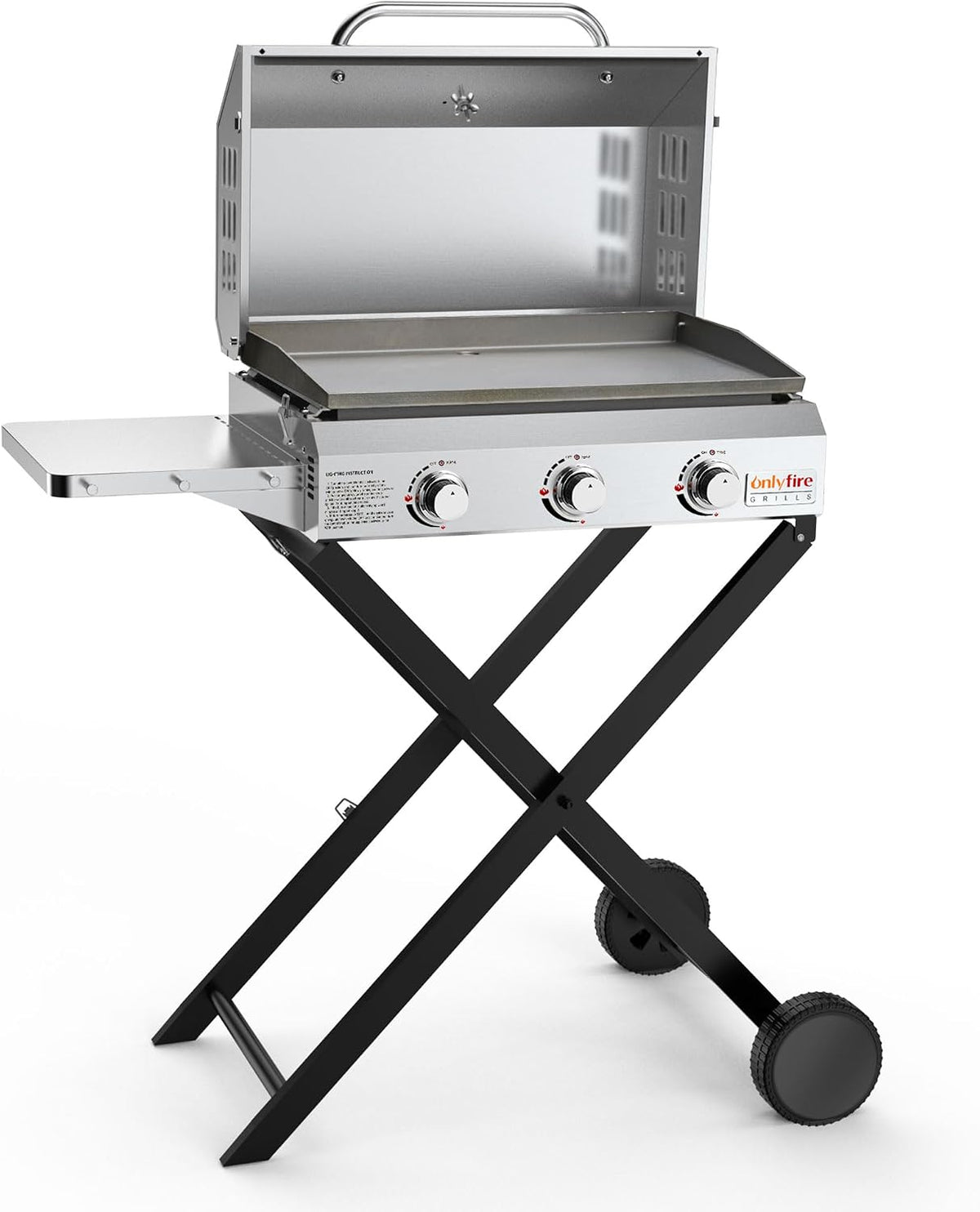 onlyfire Gasgrill, 57x36 cm, 7Kw, Silber/Schwarz, BBQ Grillwagen, Plancha 3 Brenner aus Edelstahl, mit Faltbarem Rollwagen