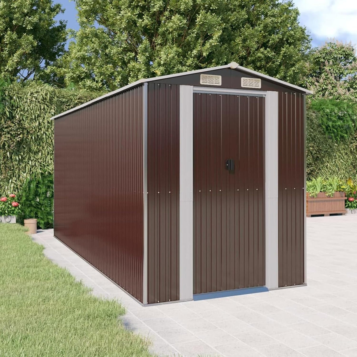 Gerätehaus Gecheer, 192x440x223 cm, Dunkelbraun/Grau, Geräteschuppen Metall Gartenhaus Gartenschuppen