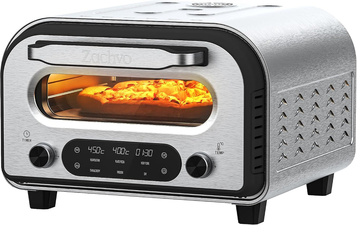 ZACHVO Pizzaofen, 32 cm, Silber/Schwarz, 450°C für 90Sek. Pizza, 5 Programme + DIY, LED Touchscreen & Drehregler