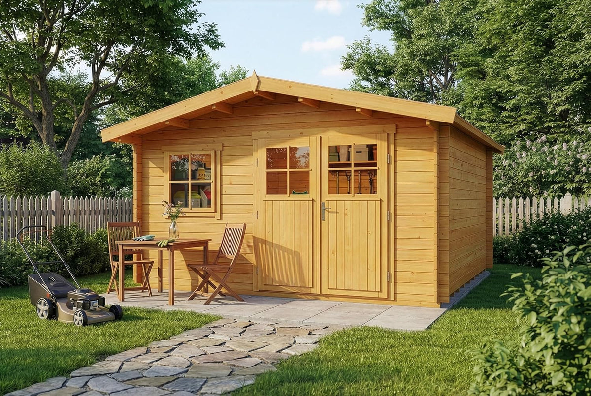 Gerätehaus Alpholz, 14,3 m, 28 mm, Holz, Gartenhaus Valeria-28 mit Fußboden aus, 438x427, Wandstärke