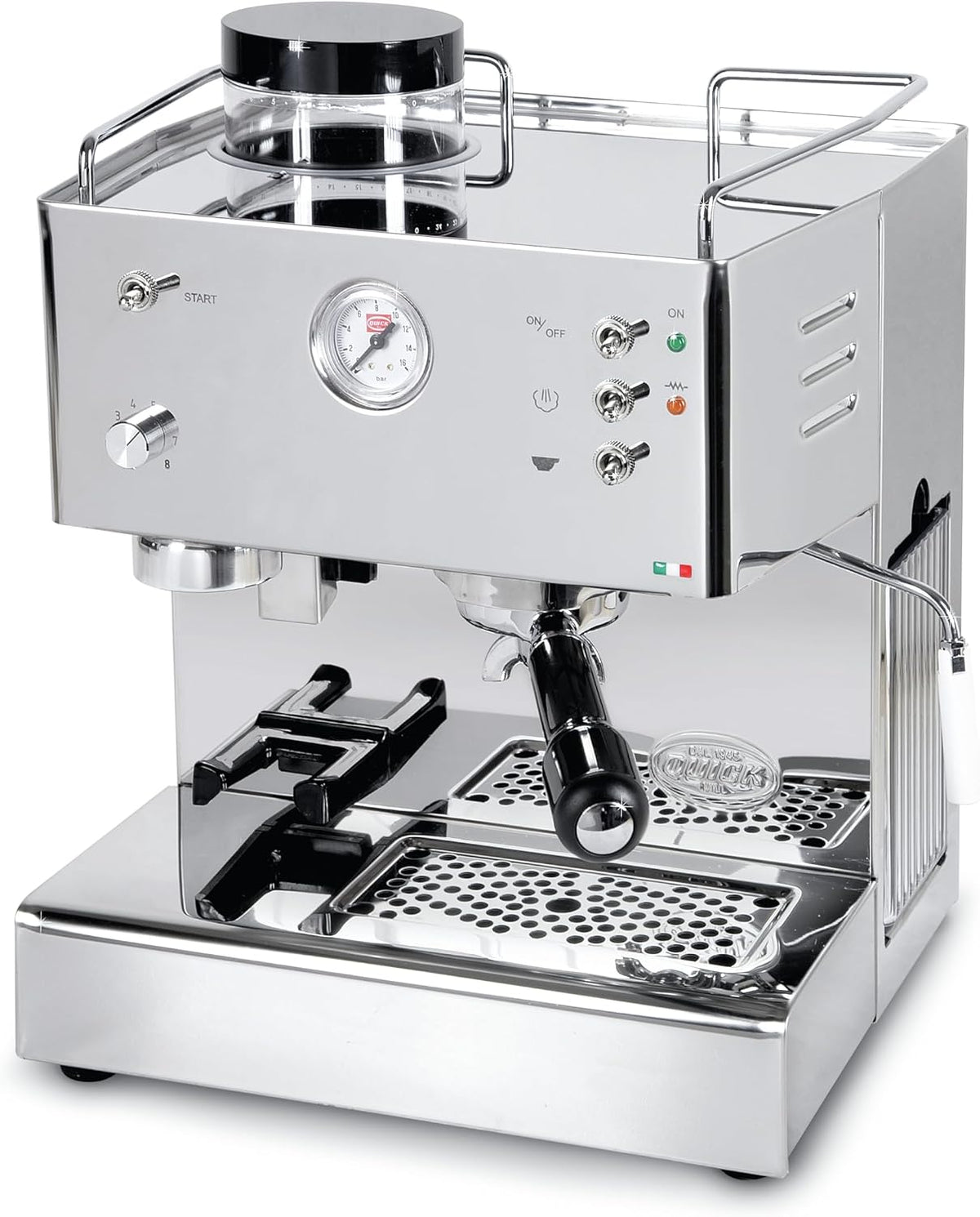 QuickMill- Steel Model Kaffeemaschine, Silber, Pegaso mit Mahlwerk edelstahl