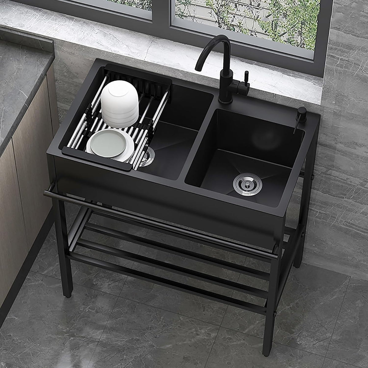 SUKORI 1Becken, 304 Edelstahl, Schwarz, freistehend Edelstahl Spültisch 2 Becken, Outdoor Spüle Mit Unterschrank