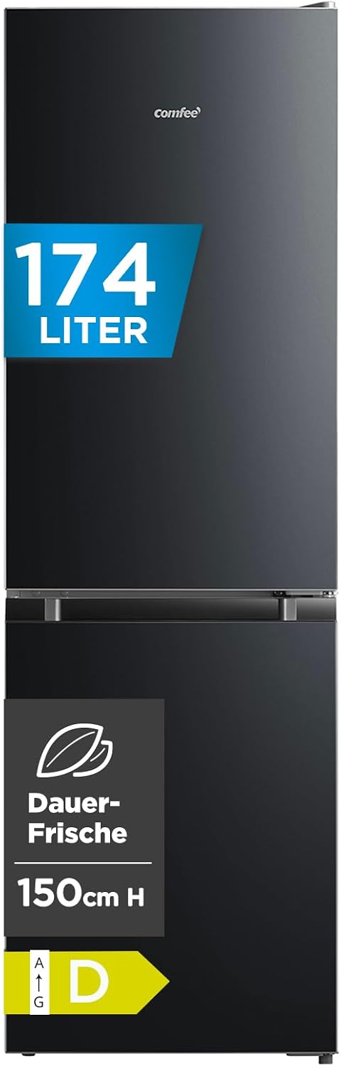 Comfee Kühl-Gefrierkombination, 150 cm, 38 dB, 174 L, 115 L, Schwarz, ' Kühlschrank mit Gefrierfach RCB169DK3, ( Kühlteil + 59 L Gefrierteil)