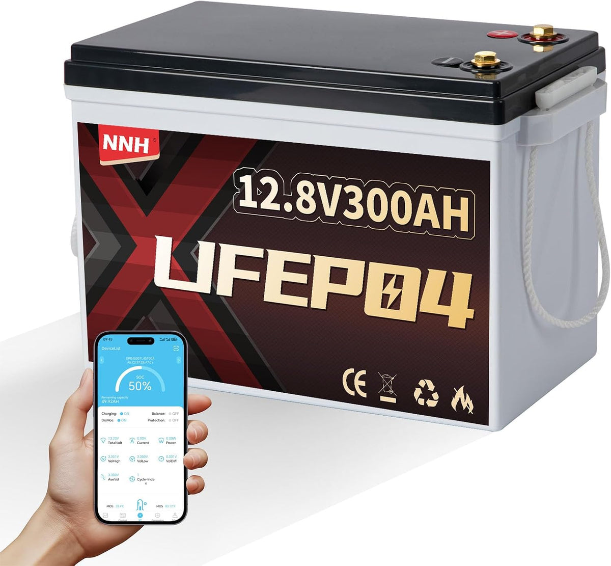 nnh Autobatterien, 300AH, 12 V, Schwarz/Weiß/Rot, Lifepo4 Batterie Bluetooth, Mini Lithium Batterie mit 200A BMS Sicherheitsschutz