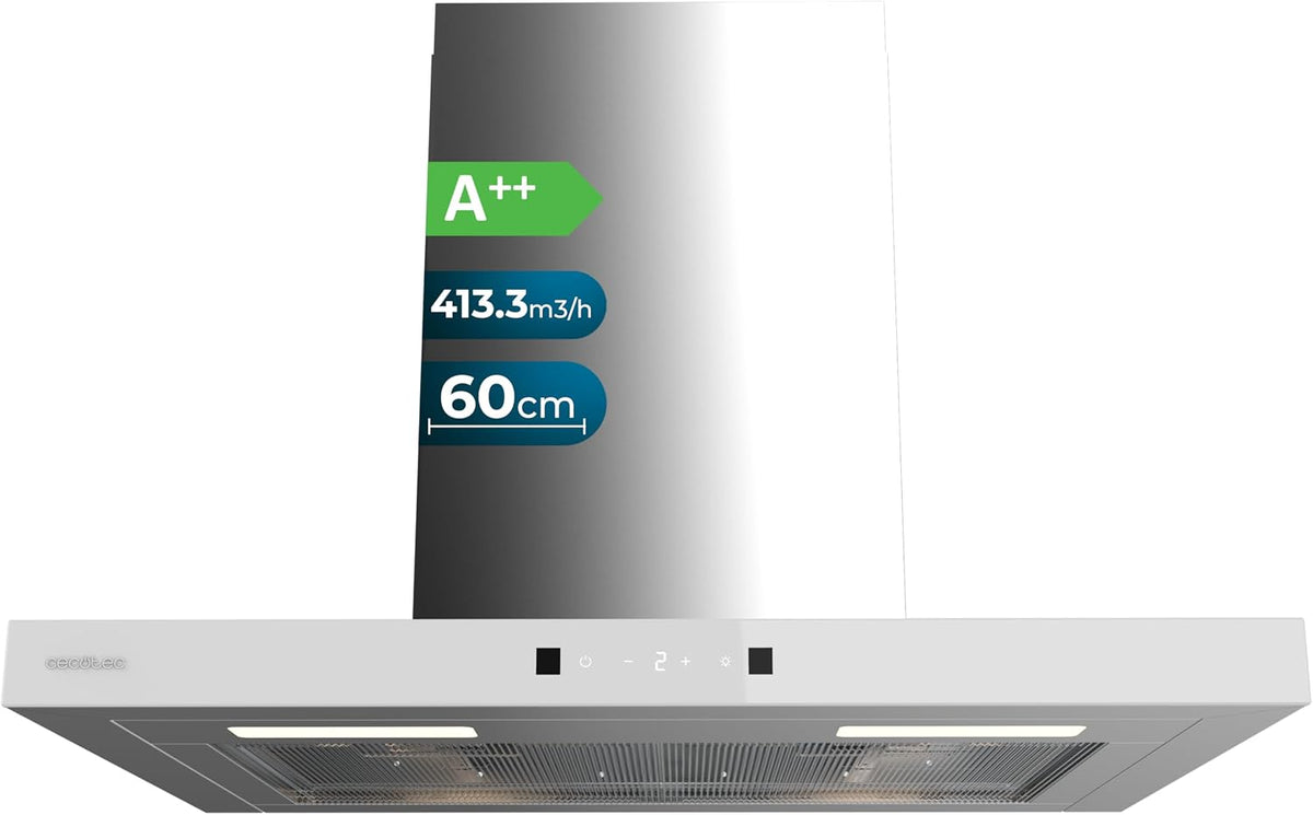 Cecotec Dunstabzugshaube, 413,3 m, 60 cm, Silber, T-förmige Bolero Flux, Energieklasse A++, Bewegungssteuerung