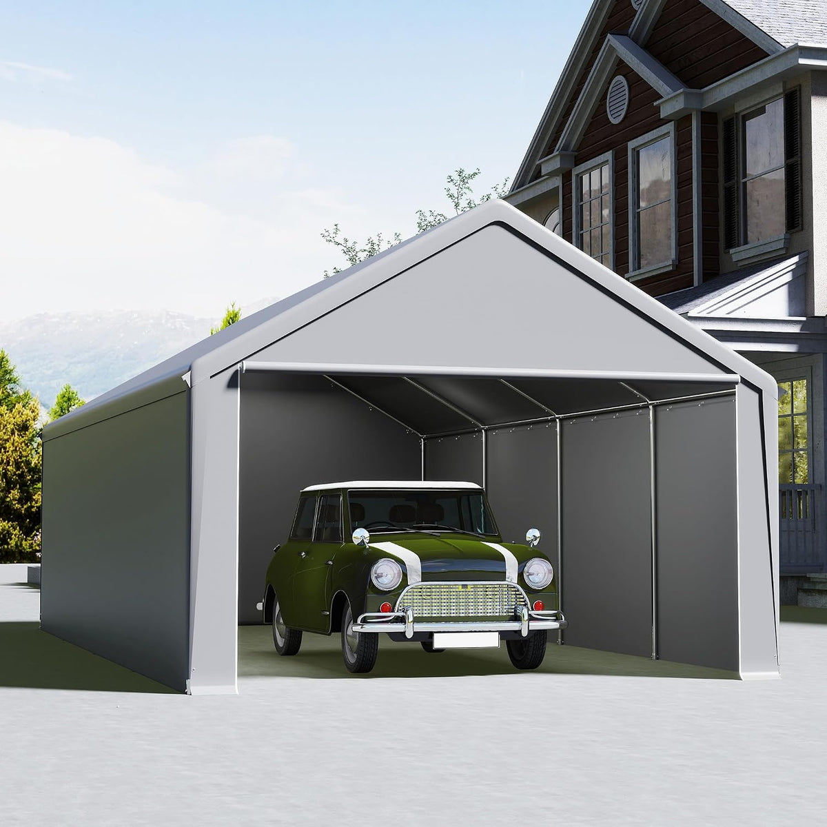 UISEBRT Carports, Grau, Zeltgarage 4x8 m, Carport, Garagenzelt & Lagerzelt in einem, Unterstand & Weidezelt mit robuster PE Plane