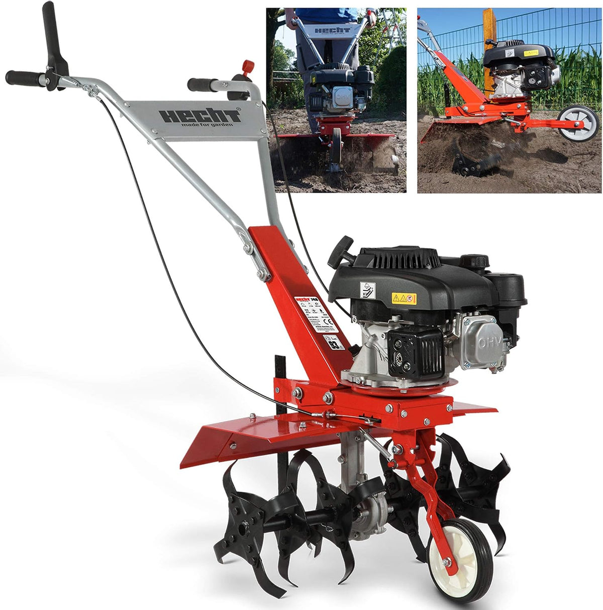 Hecht Motorhacken, 60 cm, Rot/Schwarz, Benzin Motorhacke mit Arbeitsbreite, 4 Takt Motor, 24 Harte Messer, Bodenfräse