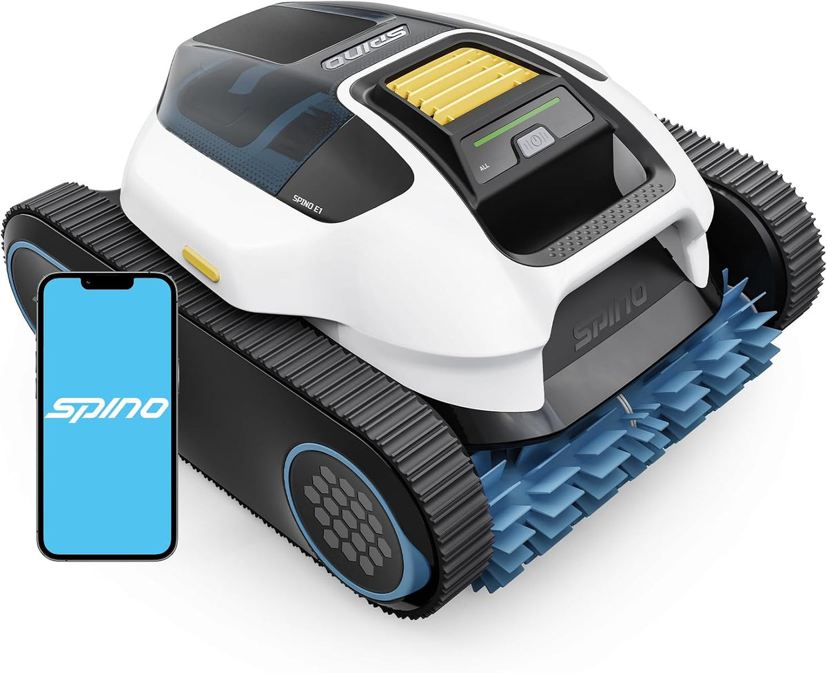 Spino Poolroboter, Weiß/Schwarz/Blau/Gelb, E1 Akku Boden und Wand, 210 Min Kabellos Poolsauger, Max 21950 LPH, Poolreiniger mit 5 Reinigungsmodi