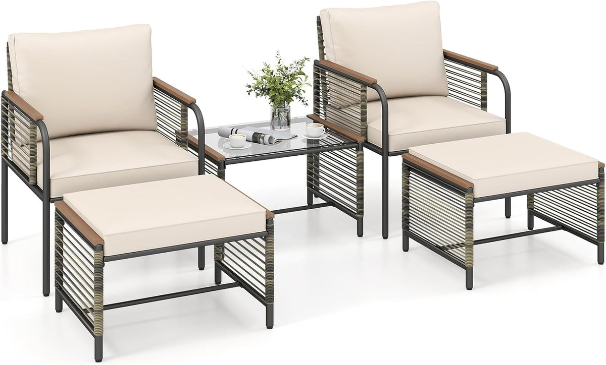Gartenmöbel-Set COSTWAY, Beige/Schwarz, Gartengarnitur, Rattan Gartenmöbel Set, Balkonmöbel, Balkonset inkl. 2 Stühle mit Kissen