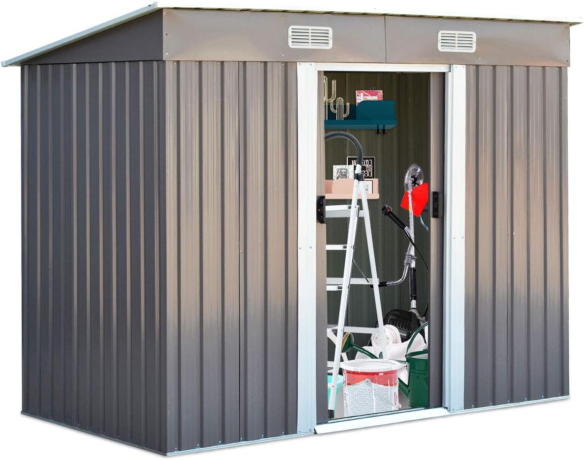 Gerätehaus GOPLUS, 238 x 131 x 181 cm, 4 L, Grau/Weiß, Metall, Geräteschuppen mit 2 Schiebetüren & üftungsfenster &