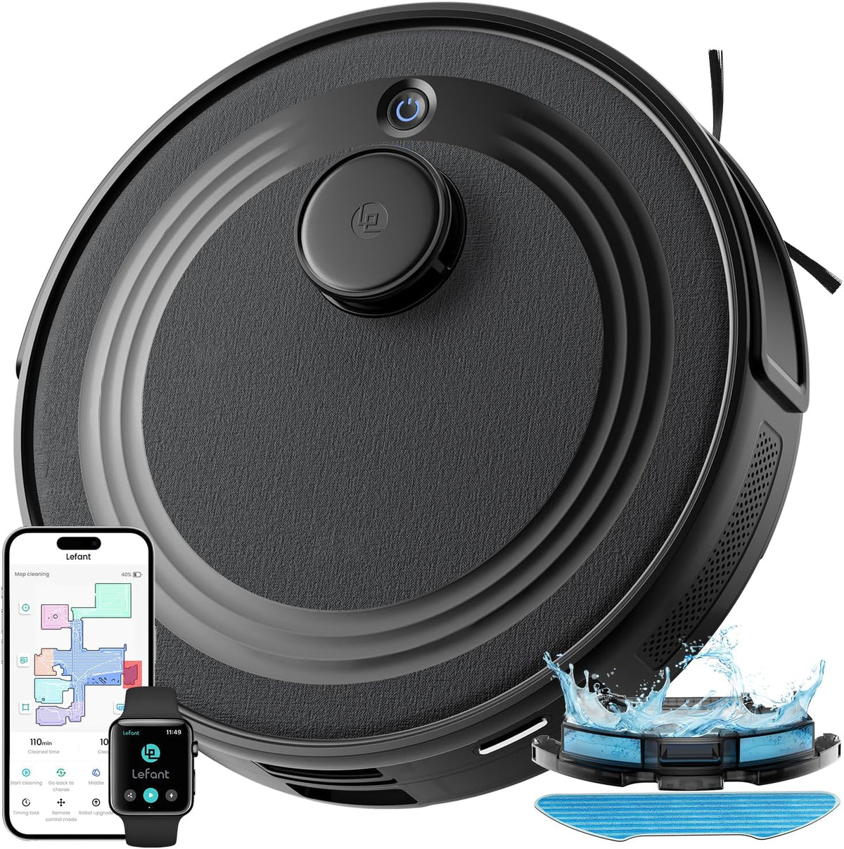 Lefant Saugroboter, Schwarz, M2 Staubsauger Roboter mit No-Go-Zonen, mit Wischfunktion 6000Pa, 2.4G/5GHz Wi-Fi
