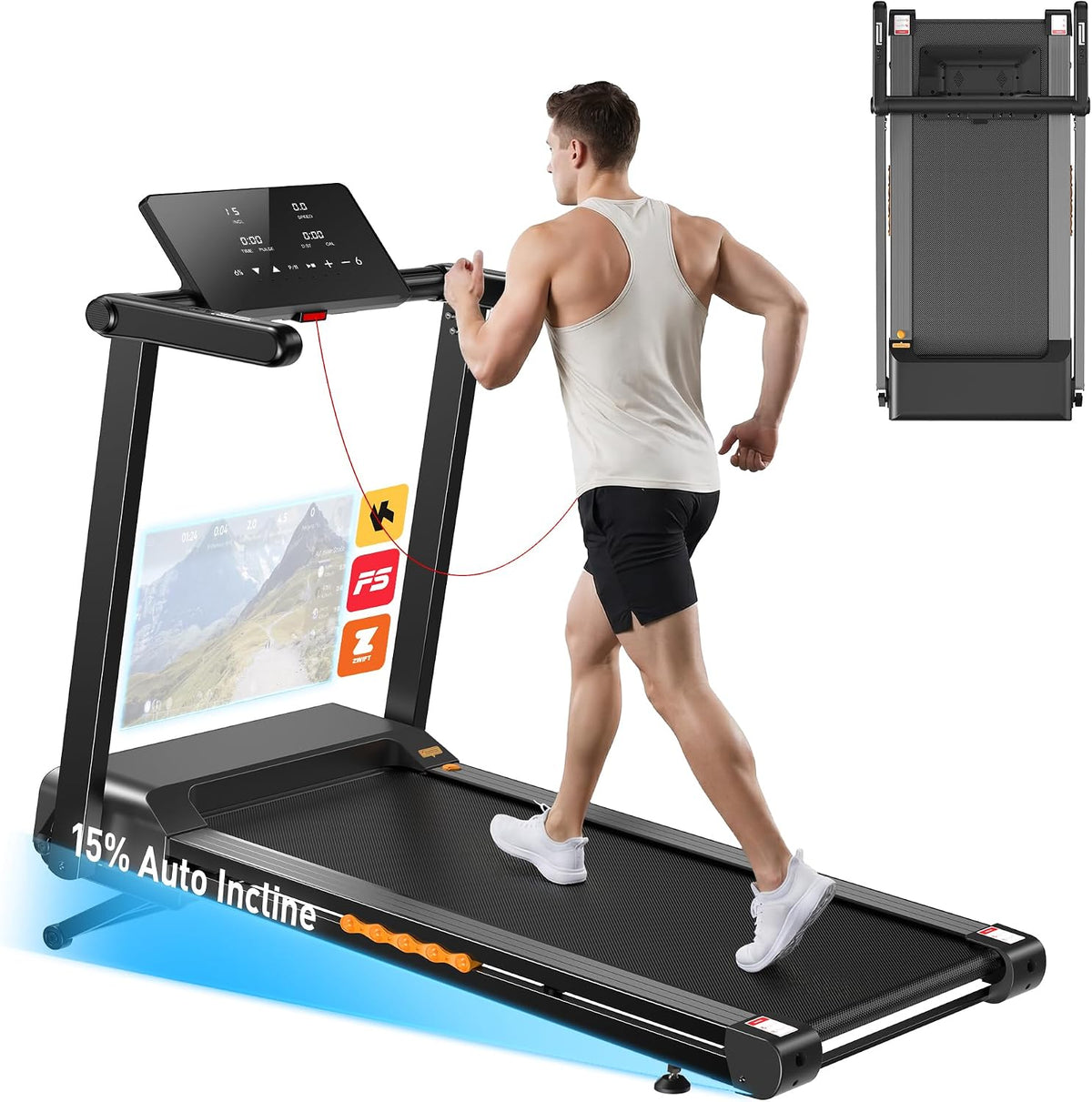 JAGJOG Bett, 136 kg, Schwarz, Klappbar Laufband für Zuhause mit 15% Automatische Steigung, 3.5 PS Laufband Steigung mit 12 HIIT Programme