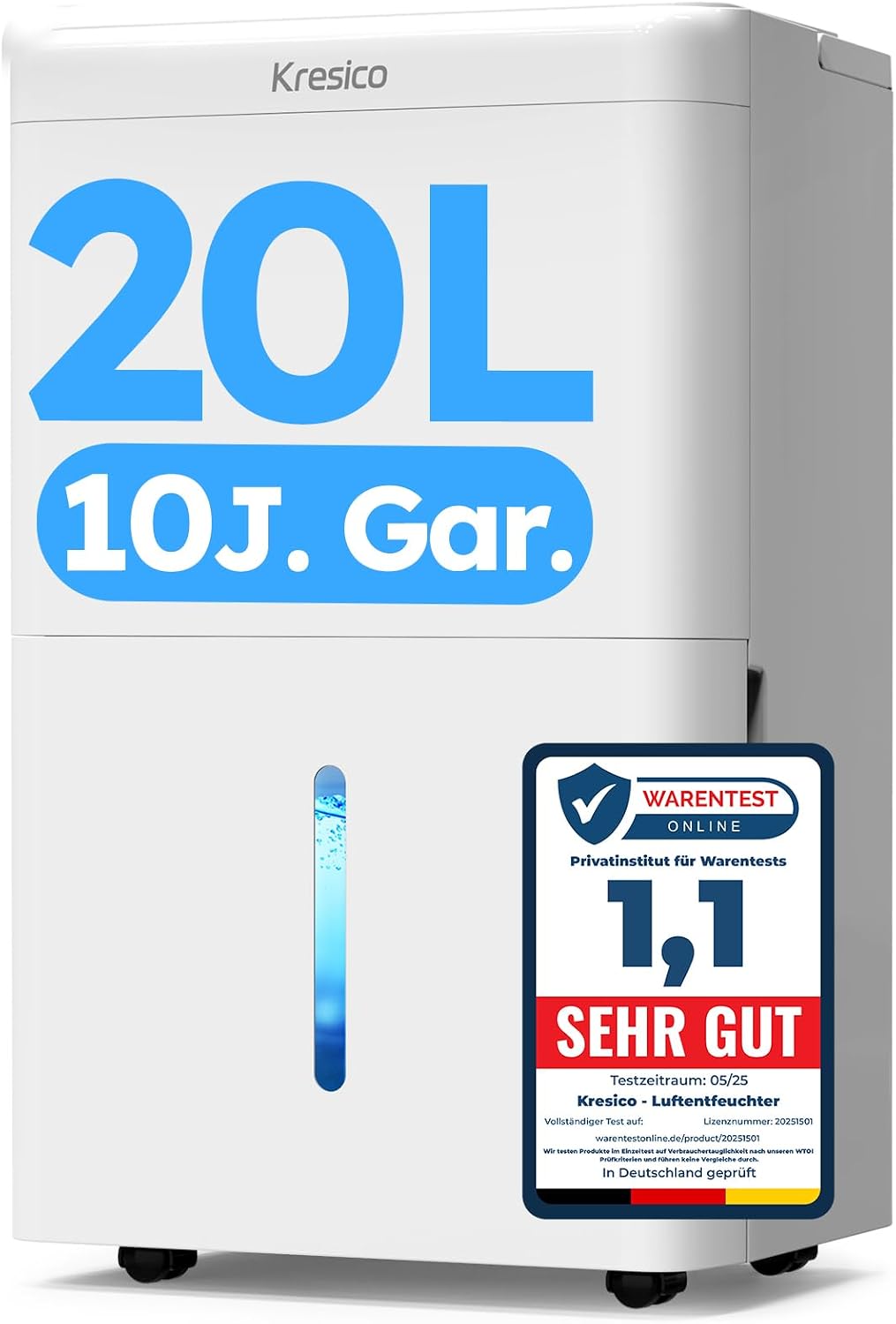 Kresico Luftentfeuchter, 39 dB, 150m, 20 L, Weiß, elektrisch /24h, Entfeuchter elektrisch, Raumentfeuchter für Räume ca. ³/50m²
