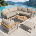Sofa LinoraFurn, 177×177×79 cm, Beige/Holz, L-Form Garten Set mit Holzarmlehnen/Wetterfeste Eckgarnitur, Sessel & Hocker 7-Personen/Mit Polstern