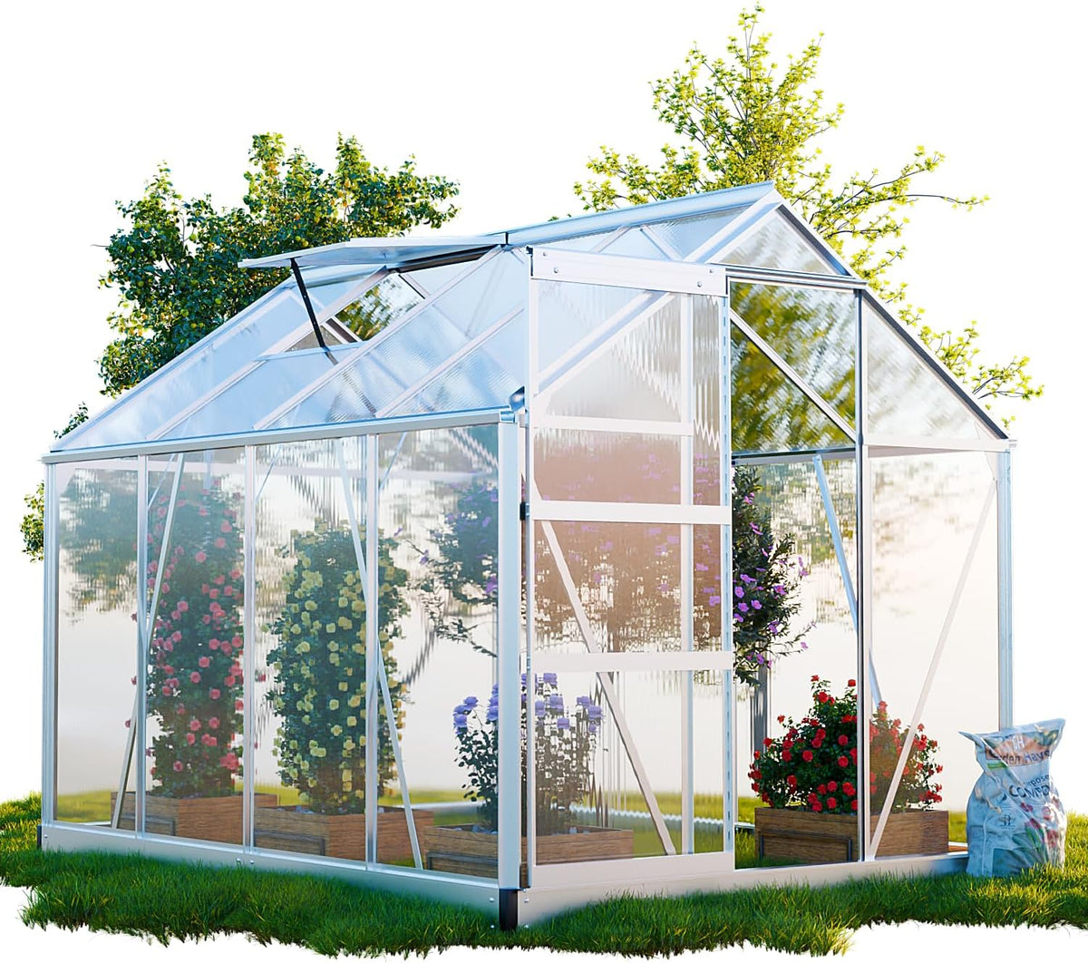 GARMIO Gewächshaus, 250x190 cm, 4,75m, Silber/Transparent, Neapel für den Garten, Alu Frühbeet inklusive Fundament