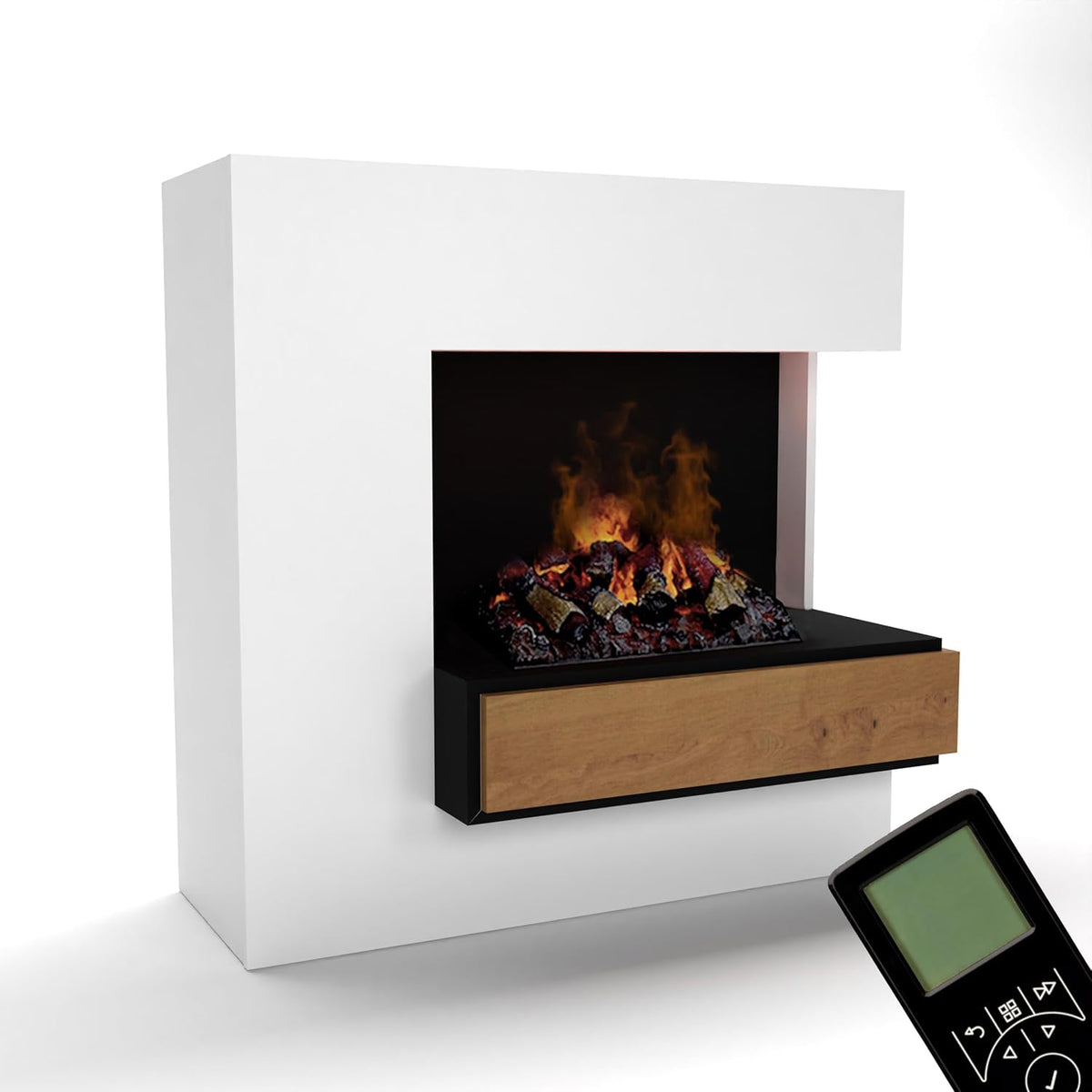 GLOW FIRE Elektrokamin, 111x110 cm, Weiß/Schwarz/Holz, Wasserdampf Kamin PLANCK hoch rechts (Standkamin)