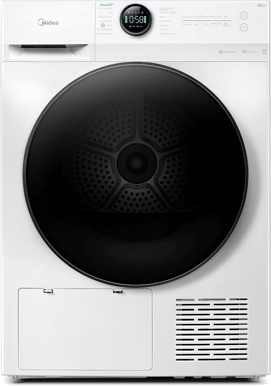 Midea Wärmepumpentrockner, 8 kg, Weiß/Schwarz, MD20EH80WB-A3, Energieklasse C, UV Hygience, Knitterschutz, Sanfte Pflege