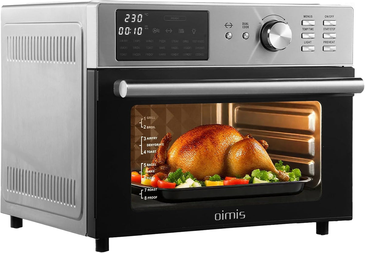 OIMIS Pizzaofen, 1800 W, 30 L, Silber/Schwarz, Heißluftfritteuse xxl, mini backofen mit umluft, 21 in 1 elektrisch mit Timer