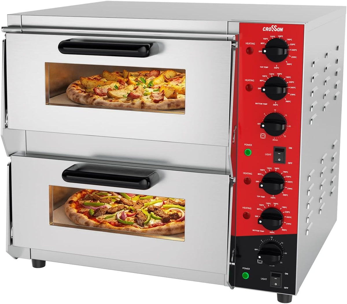 crosson Pizzaofen, 4000 W, Silber/Rot/Schwarz, Professional Doppel mit 400x400 mm Schamottstein, Kommerzieller Pizzabackofen Elektrisch Edelstahl