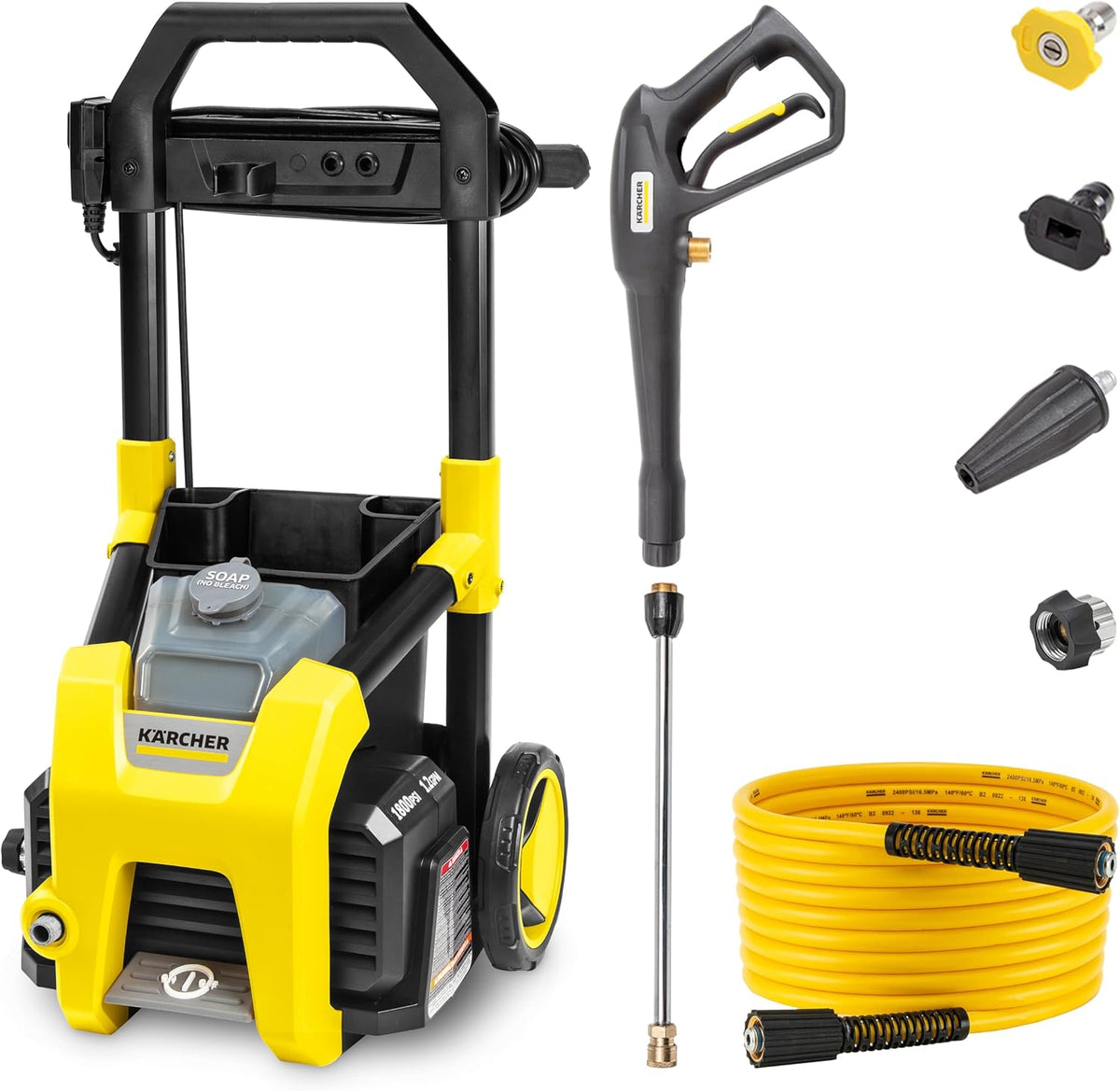 Karcher Hochdruckreiniger, Gelb/Schwarz, K1800PS 1800 PSI 1, 2 GPM TruPressure elektrischer, 2250 Max PSI mit 3 Düsen zur Reinigung von Autos