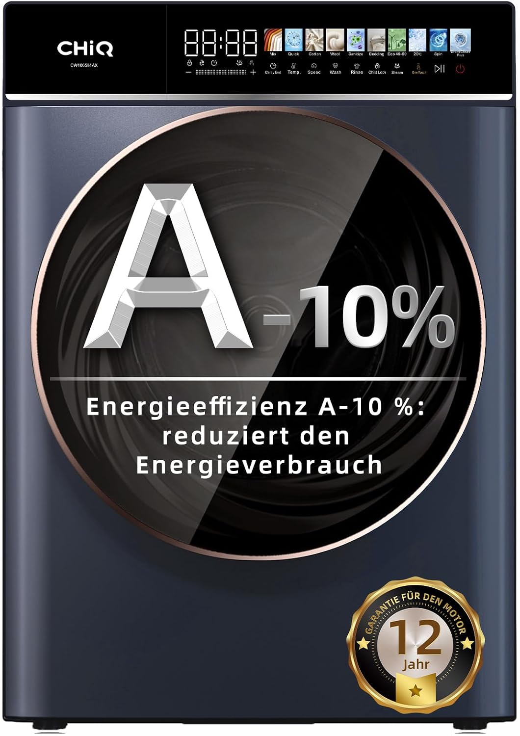 CHIQ Waschmaschine, 10 kg, Schwarz, CW106581AX, EEK A-10%, LED-Touchscreen, 1400 U/M, 12 Waschzyklen Speed Wash