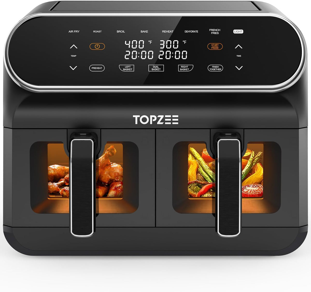 topzee Heissluftfritteuse, 8 L, Schwarz, Airfryer, Heißluftfritteuse 2 Kammern mit Sichtfenster, 8-in-1 Voreingestellte Programme